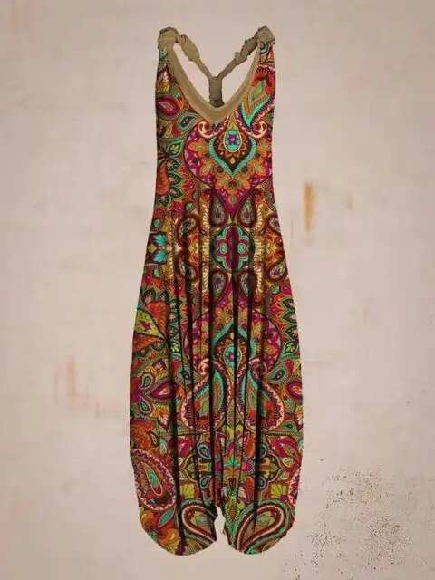 Damen Boho Sommer Jumpsuit mit verstellbaren Trägern, weitem Bein & modischem Muster. Lockerer Schnitt für Frauen.