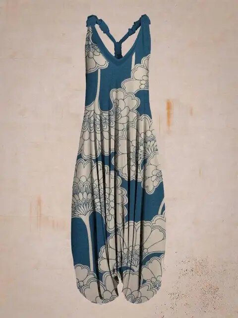 Bequemer gemusterter Damen Boho Jumpsuit mit verstellbaren Trägern, ideal als lockerer Sommer-Overall.