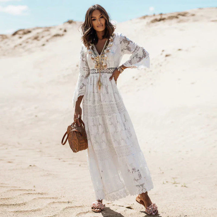 Locker sitzendes Boho Sommerkleid für Damen, langärmlig, leichtes Freizeitkleid, bequem.