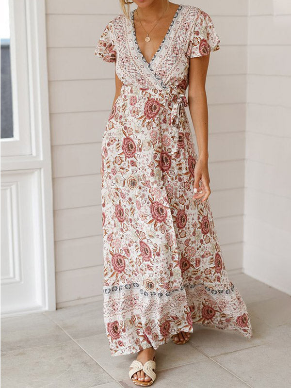 Maxikleid für Damen: Boho-Stil mit floralem Druck, Wickeldesign und kurzen Ärmeln aus Polyester