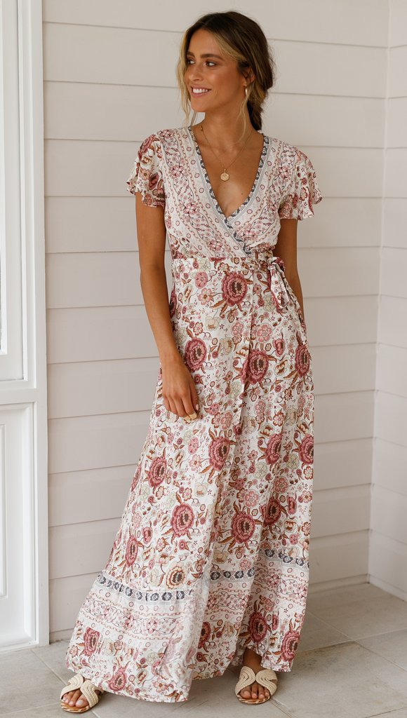 Sommerliches Damenkleid, Wickel-Maxikleid mit Blumen, V-Ausschnitt und femininem Boho-Flair