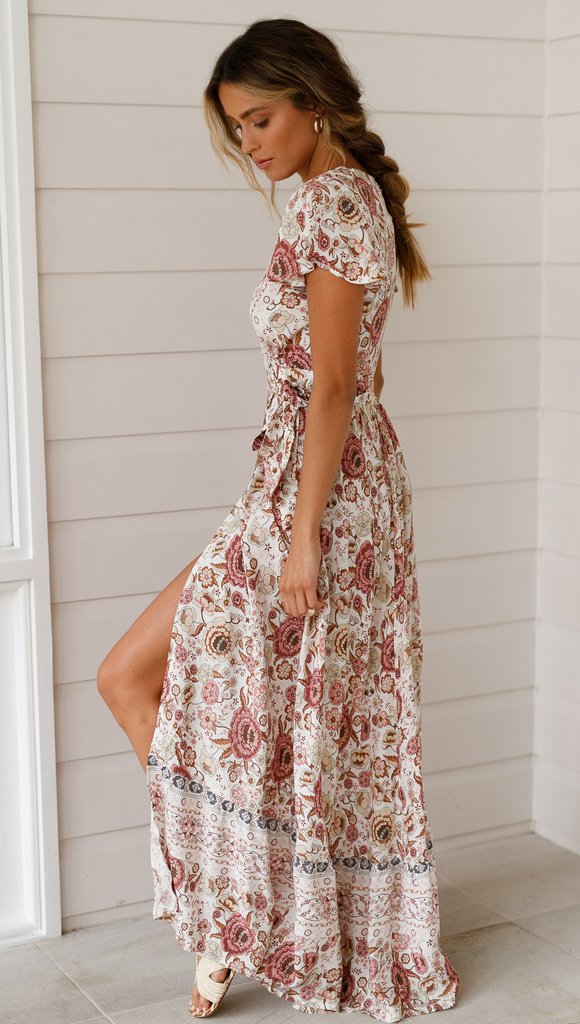 Elegantes Damen Boho Blumen Maxikleid, Wickeloptik, V-Ausschnitt für einen stilvollen Sommerlook