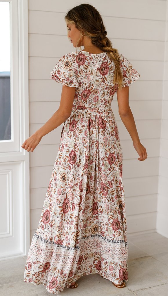 Kurzarm Damen Wickelkleid in Maxi-Länge, allover Blumenmuster, tiefer V-Ausschnitt, Polyesterstoff