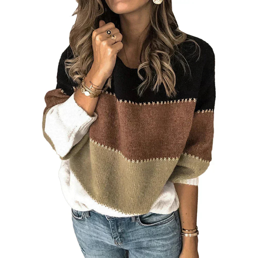 Moderner Colorblock-Pullover für Damen, bequemer Casual-Look für kühle Frühlingstage.