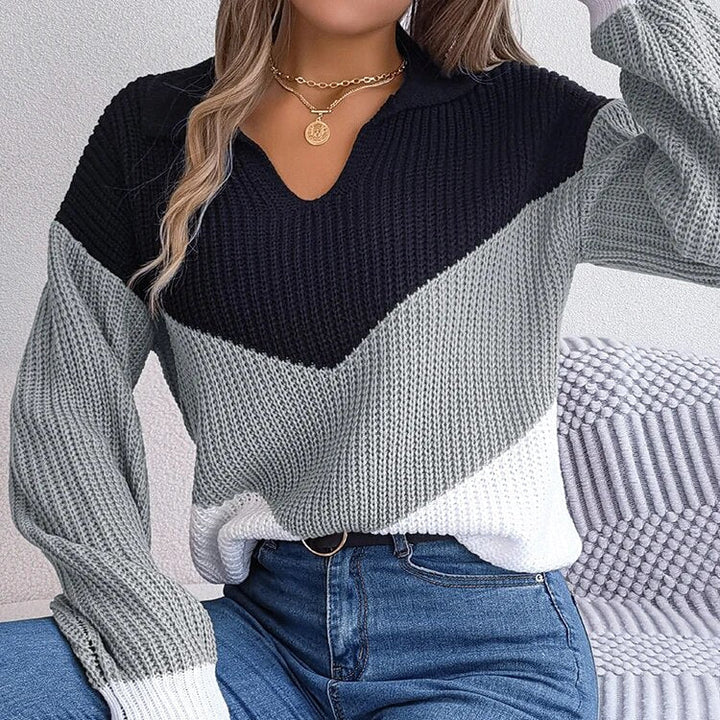Stilvoller Damen Langarm-Pullover im Colour-Block-Design mit V-Ausschnitt; ideal für Freizeit & Alltag.
