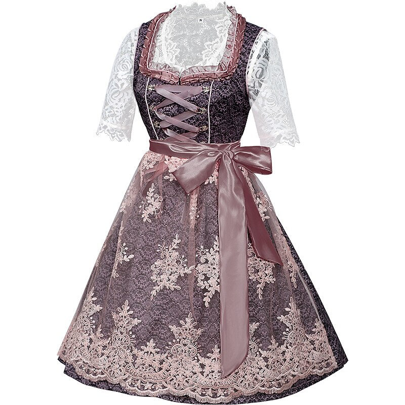 Detailansicht des bayerischen Damen Dirndlkleides Emma in Rosatönen. Hochwertiges Trachtenkleid für Feste.