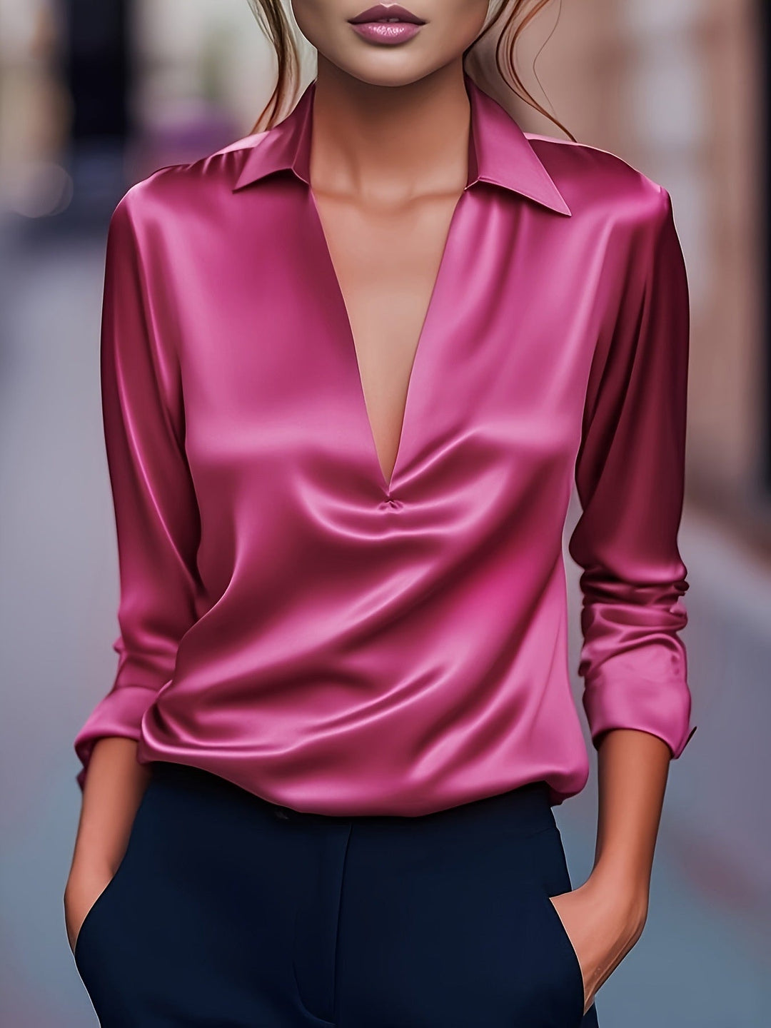 Feminine Damen-Bluse: Glanz-Stoff, V-Ausschnitt, Langarm, ideal für Büro und festliche Events.