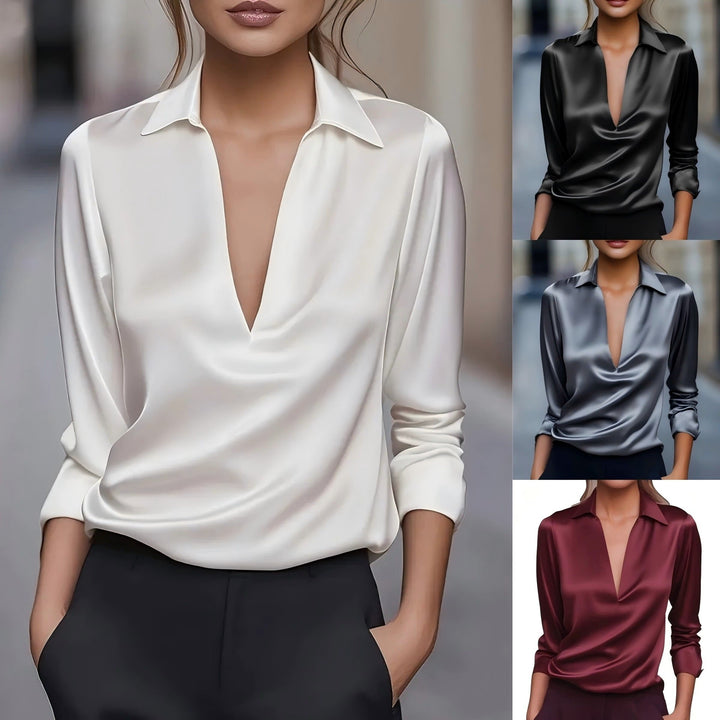 Modische Damen-Bluse mit glänzender Optik, V-Ausschnitt & langen Ärmeln für festliche Anlässe.