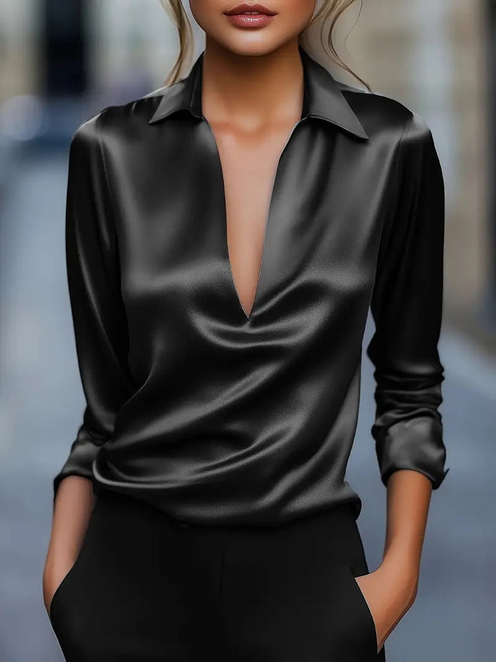 Business Casual Damen-Bluse: Glänzende Optik, Langarm, V-Ausschnitt, elegant und bequem.