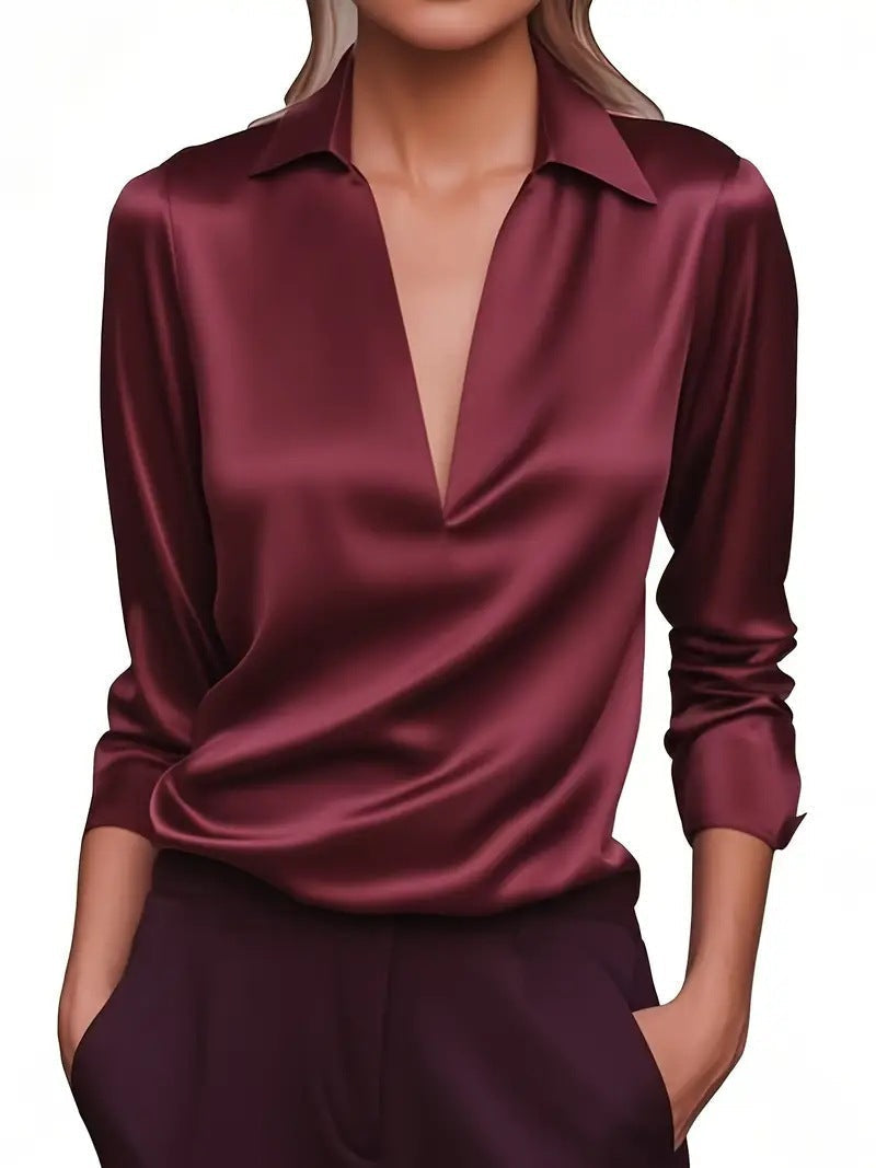 Modische Damen-Bluse mit schimmerndem Glanz, V-Ausschnitt & Langarm, für moderne Outfits.
