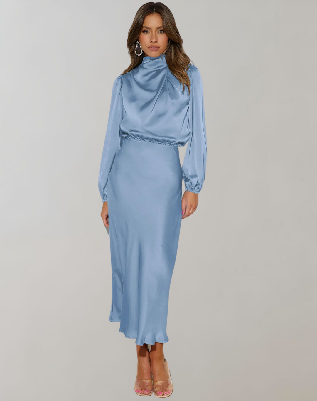 Elegantes Langarmkleid, schickes festliches Damenkleid für besondere Anlässe, bequem und modern.