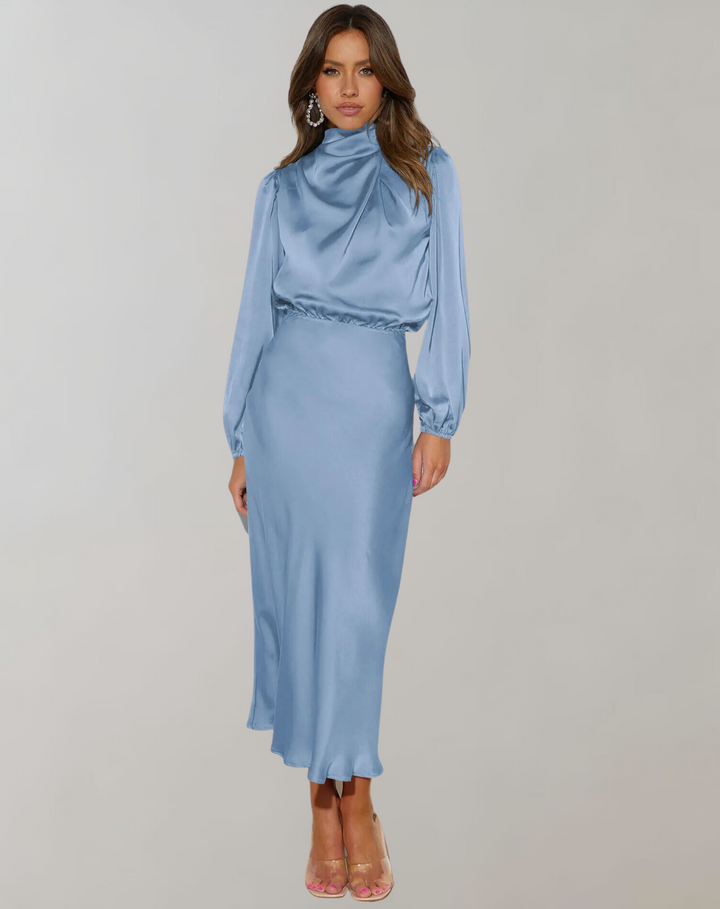Elegantes Langarmkleid, schickes festliches Damenkleid für besondere Anlässe, bequem und modern.