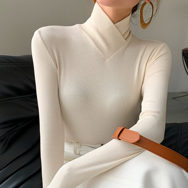 Damen elegantes Mock-Neck Top, perfekt für Frühling & Alltag. Vielseitiges Oberteil mit chicem Stehkragen.