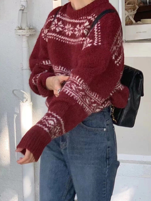 Gemütlicher Fair Isle Damenpullover im Relaxed Fit. Frühlingspullover in Rot, Weiß & Kaffee für Freizeit.