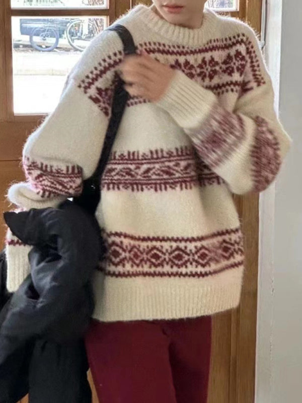 Eleganter Fair Isle Strickpullover für Damen. Lockerer Schnitt, Langarm, ideal für Alltag & Frühling.