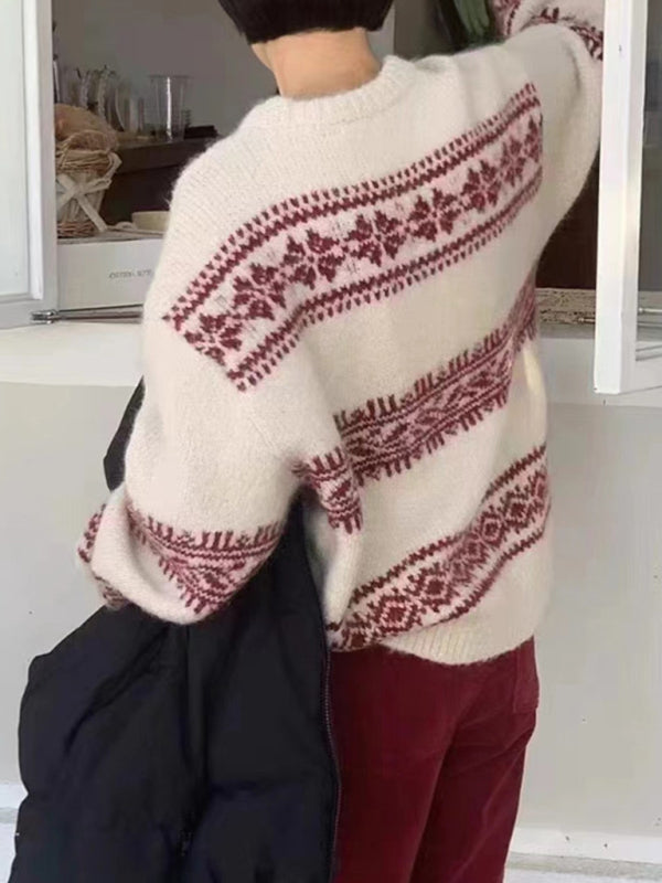 Roter, weißer & kaffeefarbener Damen Frühlingspullover. Casual Fair Isle Design, bequemer Relaxed Fit.