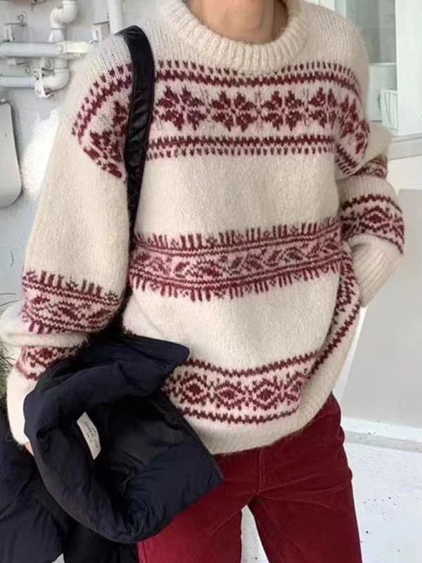 Damen Freizeitpullover in Rot, Weiß, Kaffee mit klassischem Fair Isle Muster. Lockerer Schnitt, ideal für Frühling.