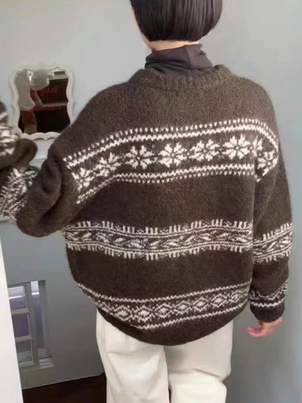 Strickpullover für Damen: Fair Isle Muster in Rot, Weiß & Kaffee. Lockerer Schnitt, Langarm, ideal für Frühling.