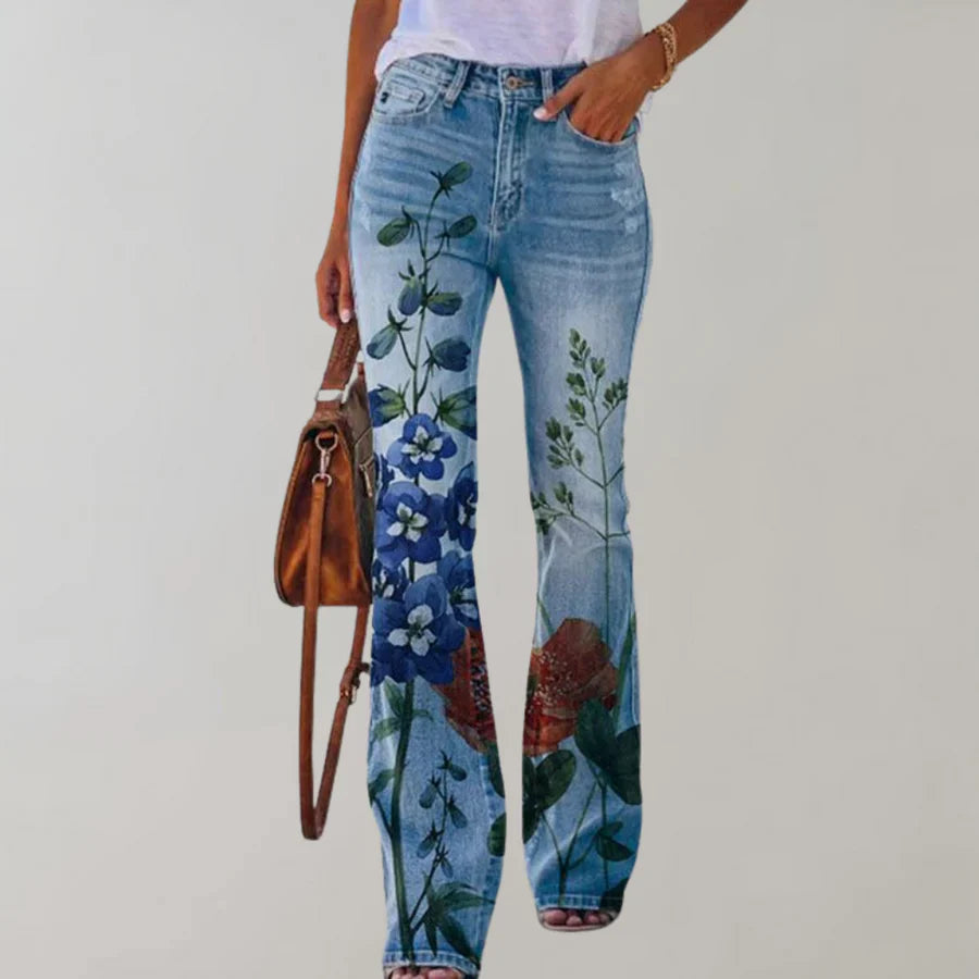 Stilvolle Damen Retro Flare Jeans mit elegantem Blumenmuster, maximaler Komfort.