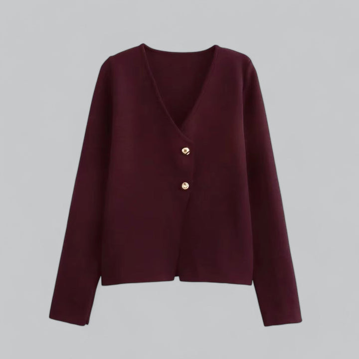 Rückansicht des eleganten Damen Frühlings-Cardigans, schlichtes Design, bequemer Langarm-Strick.