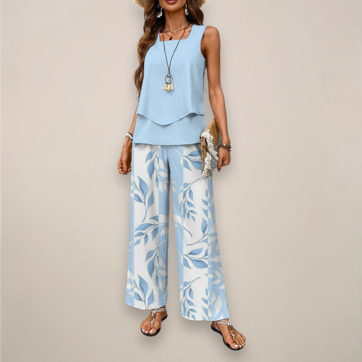 Damen Frühlings Hosen-Set, bedruckt & elegant, mit weiter Hose für Freizeit oder Sommer-Outfits.