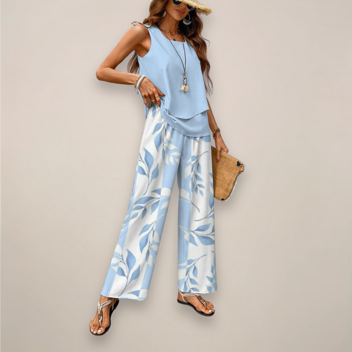 Komfortables Damen Set mit weiter Hose und elegantem Print, perfekt für Frühling, Freizeit und Sommer.