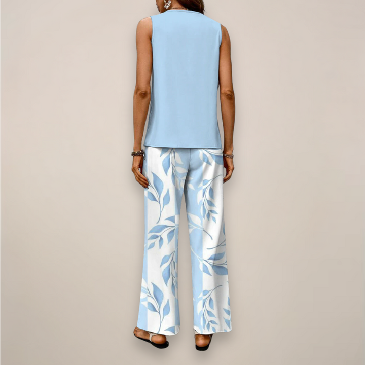 Bedrucktes Damen Zweiteiler Set mit weiter, locker geschnittener Hose, ideal für Frühling & Sommer.