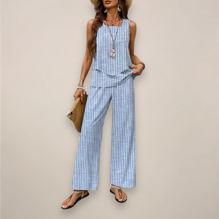 Komfortables Sommer Damen Hosen-Set, bedruckt & weit geschnitten, luftiger Look für warme Tage.