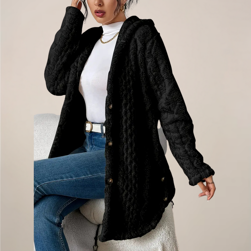 Elegante Damen Strukturjacke mit Kapuze für den Frühling. Perfekt als lässige Freizeitjacke.