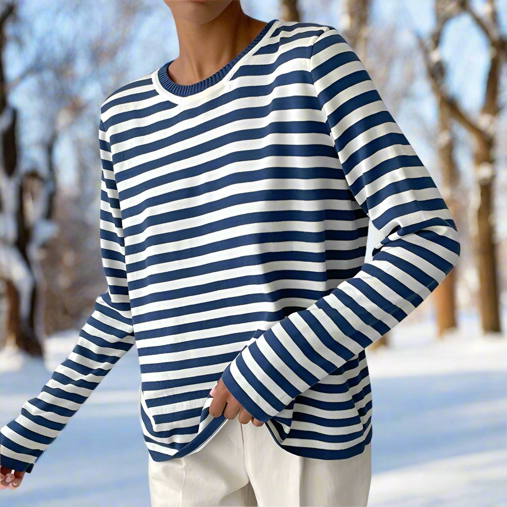 Damen Frühlings Langarmshirt gestreift. Modisches, bequemes Oberteil für den Übergang und kühle Sommerabende.