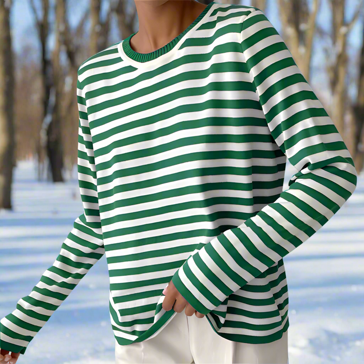 Bequemes Damen Freizeit Langarmshirt gestreift. Perfektes Shirt für entspannte Frühlingstage und Sommerabende.