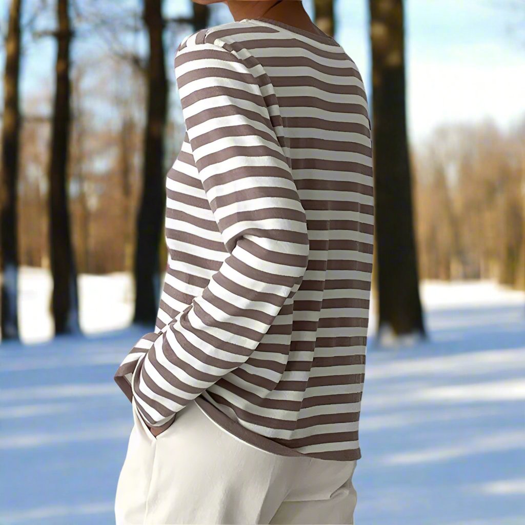 Damen Langarmshirt gestreift, lockerer Schnitt. Stilvolles und komfortables Oberteil für Frühling & Sommer.