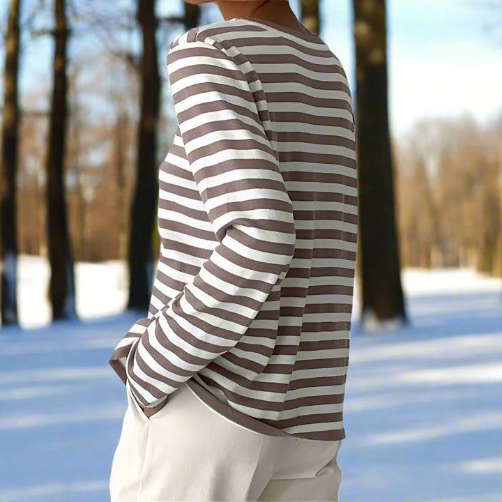 Damen Langarmshirt gestreift, lockerer Schnitt. Stilvolles und komfortables Oberteil für Frühling & Sommer.