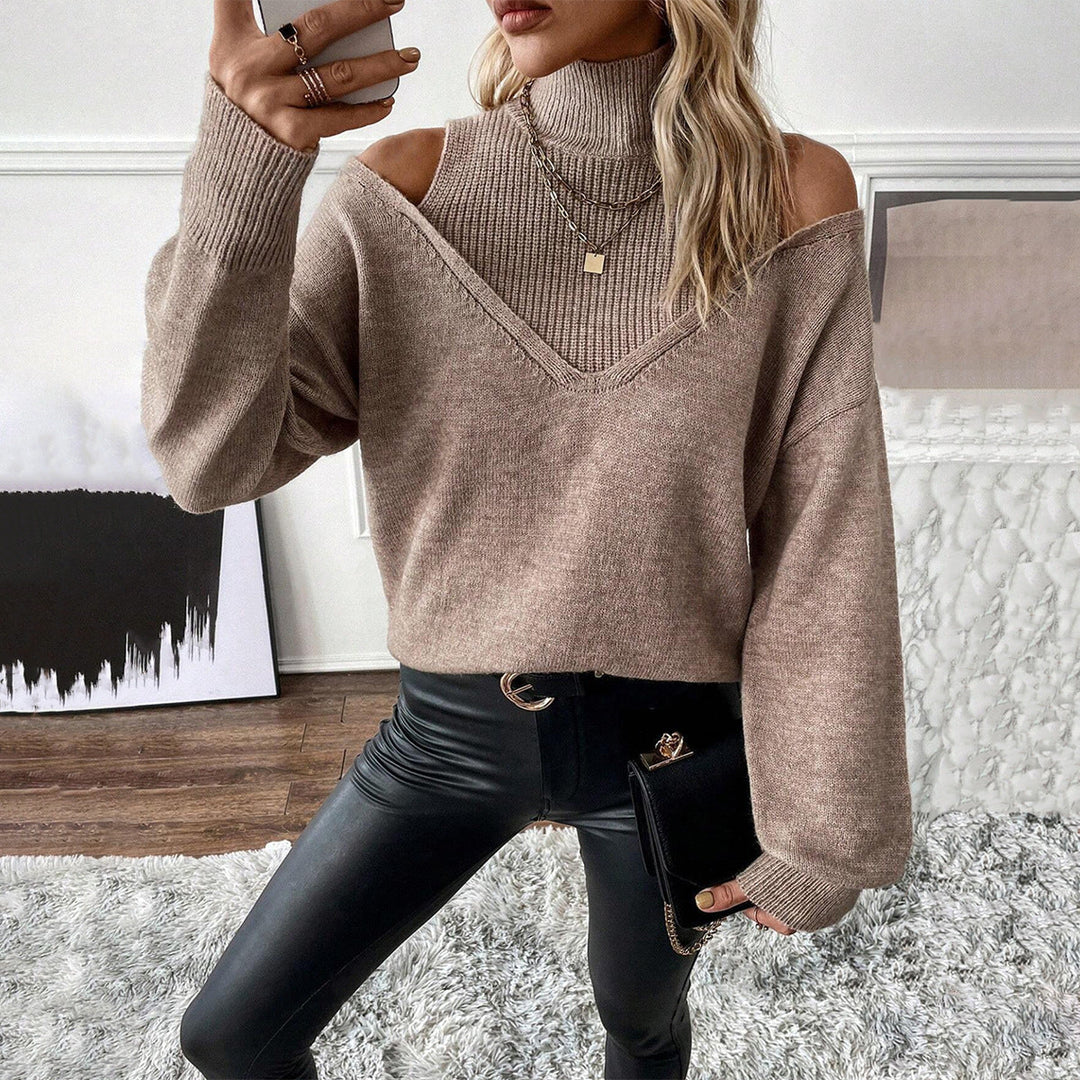 Damen Frühlings Rollkragenpullover mit trendigen Cut-Out-Schultern für einen modernen Look.