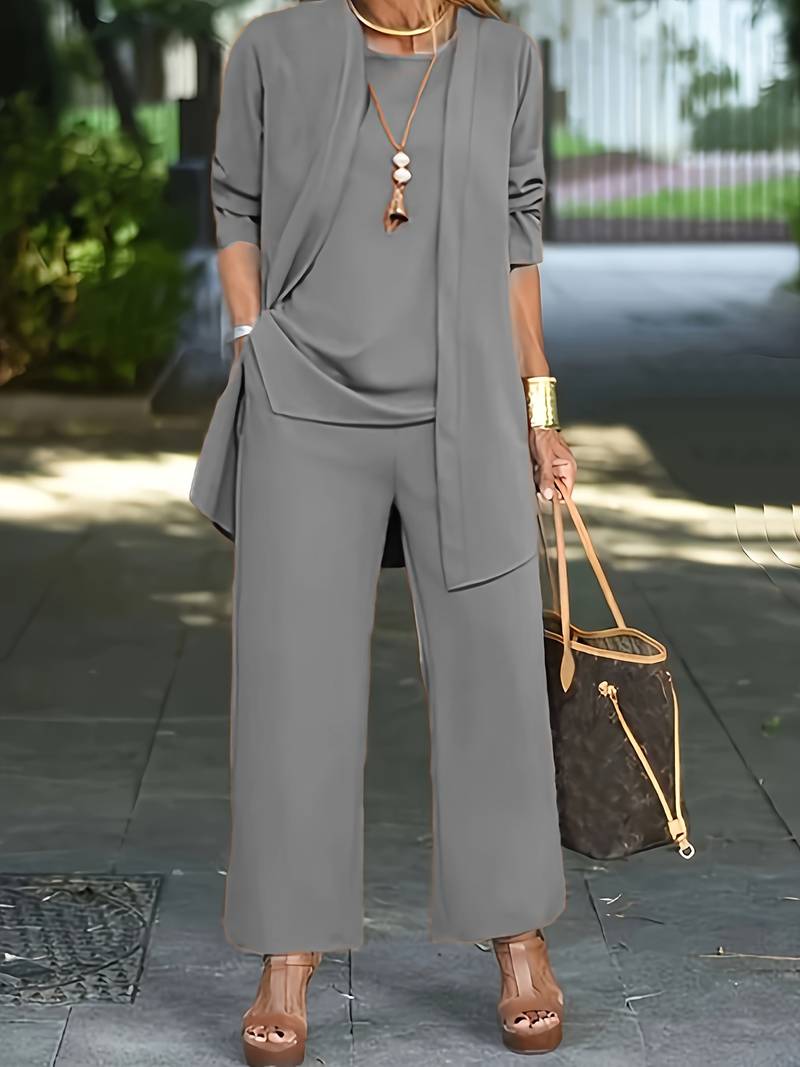 Business Casual Damen Frühlings-Set: Dreiteiliges Outfit mit Blazer, Hose für stilvolle Auftritte.