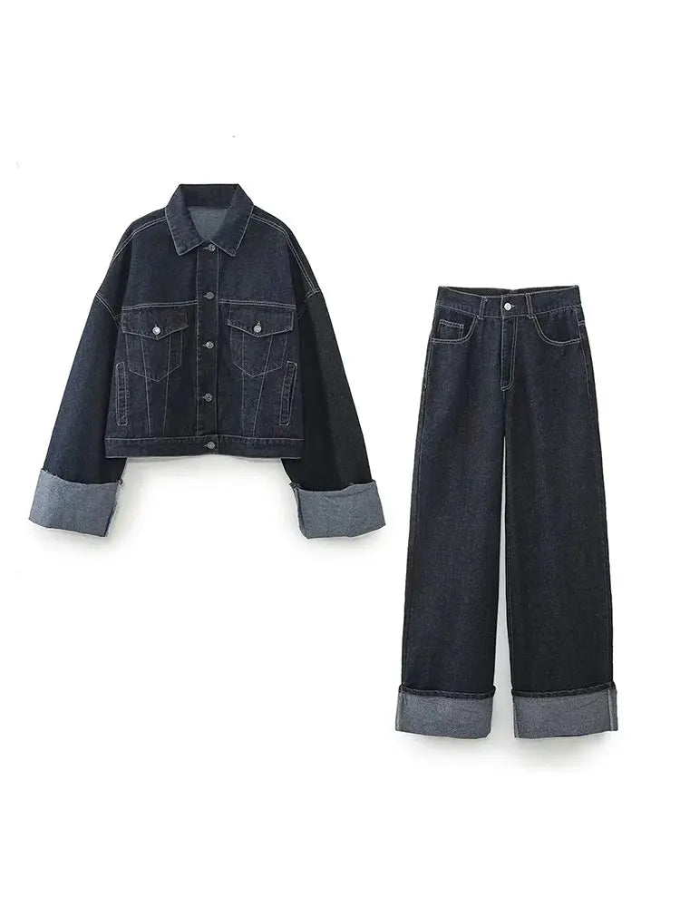 Detail: Cropped-Jacke & Hose des dunkelblauen Damen Frühlings-Sets – chic und bequem für Frauen.