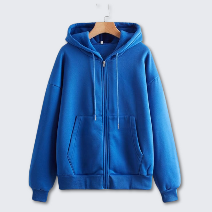 Damen Kapuzenpullover mit Reißverschluss, kombiniert mit Jeans für lässigen Alltags-Stil.