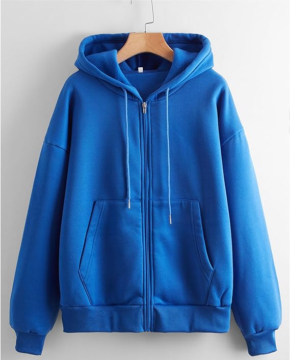 Rückenansicht des Damen Freizeit-Hoodies mit Kapuze & Reißverschluss. Sportlich & bequem.