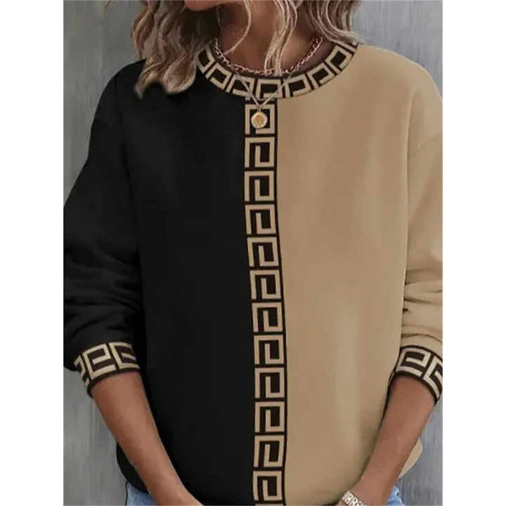 Stilvolles Damen Sweatshirt in Braun mit griechischem Muster, ideal für Freizeit und Alltag. Bequemer Langarm-Pullover.