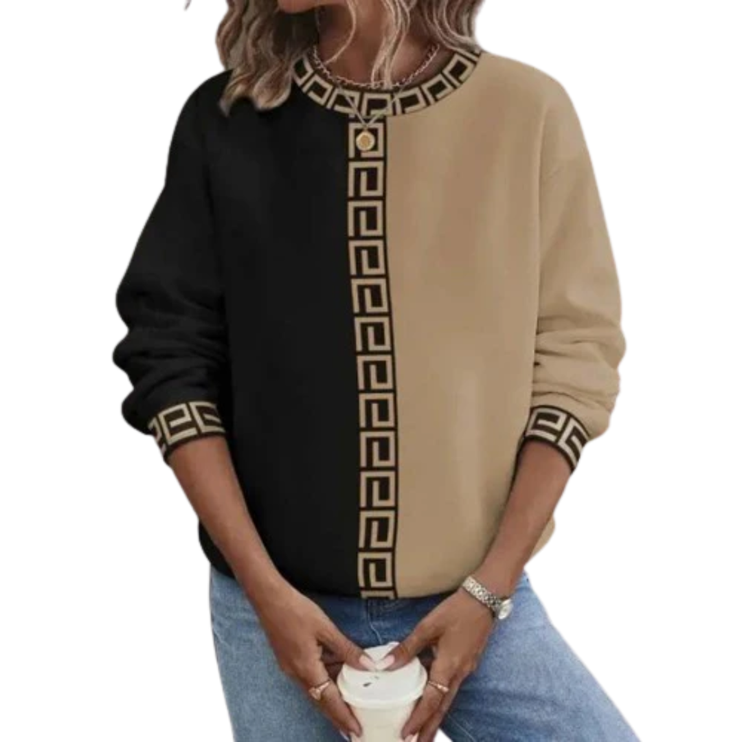 Braunes Damen Freizeit Sweatshirt mit auffälligem griechischem Muster, perfekt als modisches und bequemes Alltags-Oberteil.