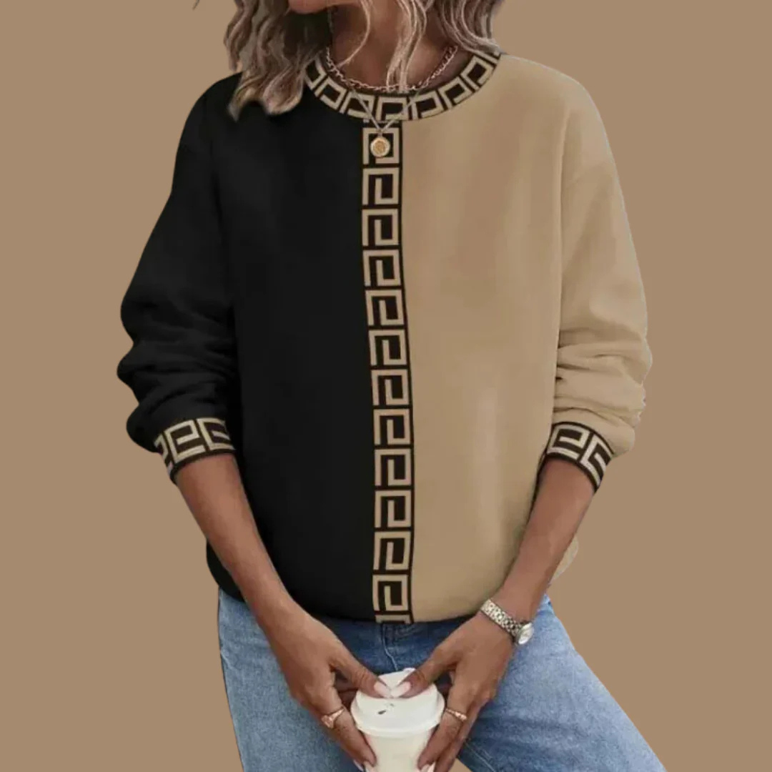 Komfortables, braunes Damen Langarm-Sweatshirt mit elegantem griechischem Muster. Ideal für einen stilvollen Casual-Look.