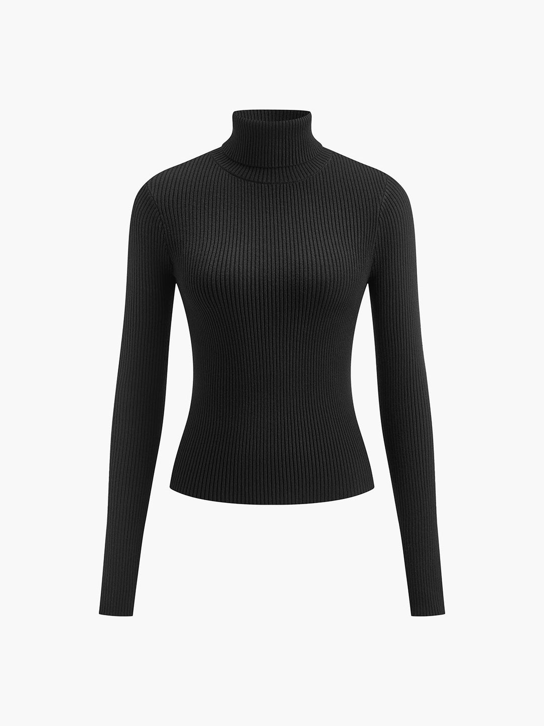 Model trägt eleganten, gerippten Damen Rollkragenpullover. Stilvoller Langarm-Strickpullover für Frühjahrsmode.