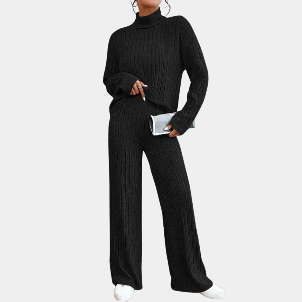 Stilvolles Damen Loungewear Strickset, gerippt, mit Oberteil und Hose, ideal für gemütliche Freizeit.