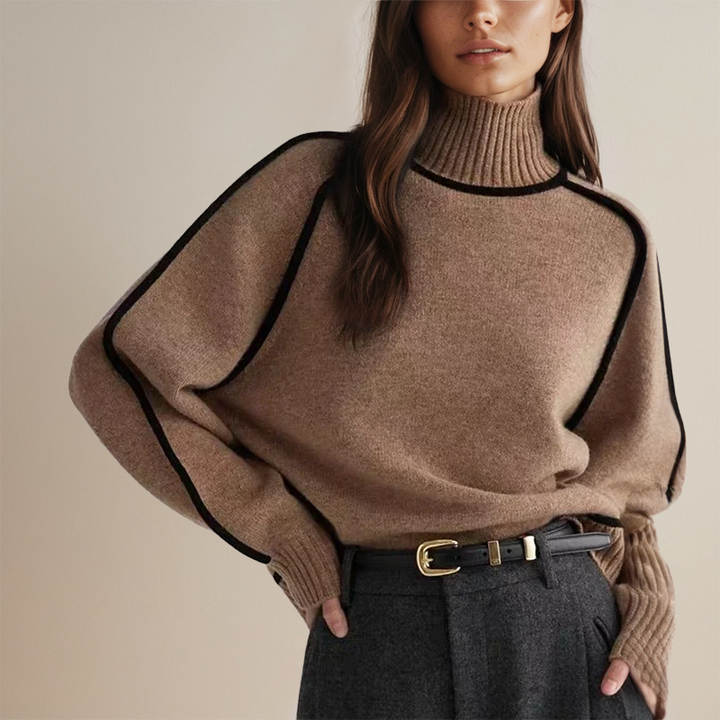 Damen gestreifter Rollkragenpullover, Slim Fit, für den Winter. Modischer Strickpullover mit langen Ärmeln.