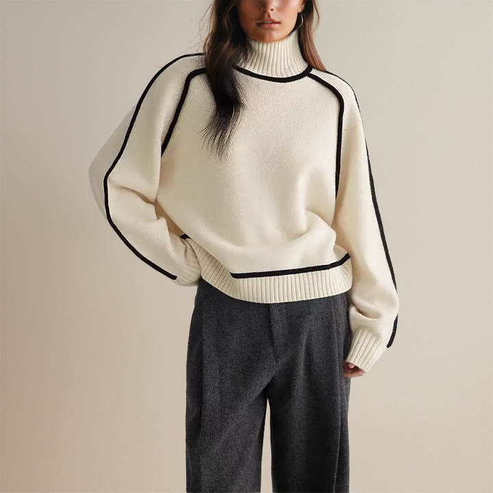 Eleganter, warmer Damen Rollkragenpullover gestreift. Slim Fit Strickpullover für stilvolle Winteroutfits.