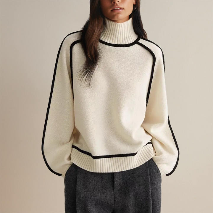 Damen Rollkragenpullover gestreift, Slim Fit. Warmer Langarm-Strickpullover für Damen, ideal für den Winter.