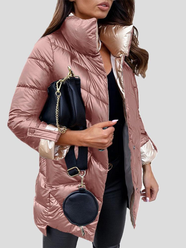 Modische Damen Pufferjacke, glänzend & elegant; perfekter Wintermantel für Freizeit & Mode.