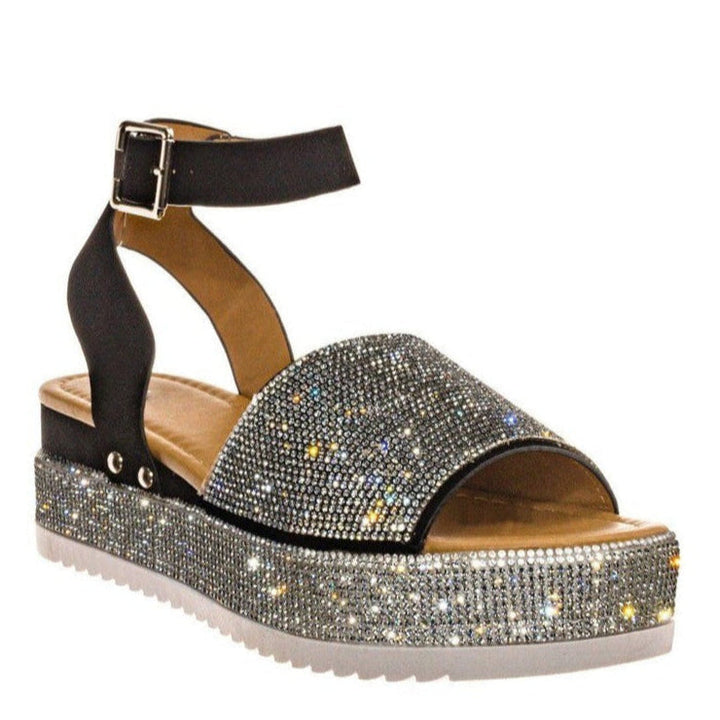 Elegante Damen Glitzer-Sandalen mit Flatform-Sohle. Funkelnde Plateau-Schuhe perfekt für Sommer & modische Outfits.