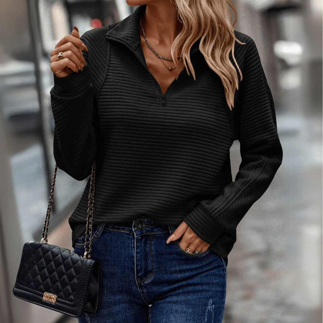 Komfortabler Damen-Halbzip-Pullover, lockere Passform. Perfekt für elegante Freizeit-Looks im Winter.