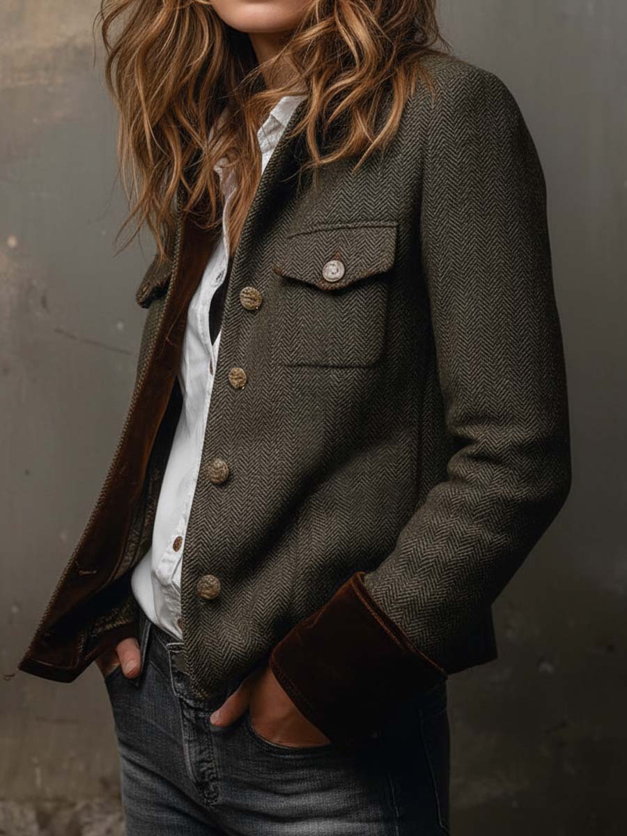 Eleganter Damen Blazer in Olivgrün mit Fischgrätmuster, Kontrastkragen. Tailliertes Design für Herbst-Outfits.